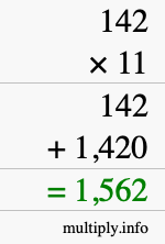 How to calculate 142 times 11 using long multiplication