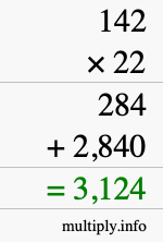 How to calculate 142 times 22 using long multiplication