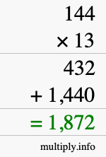 How to calculate 144 times 13 using long multiplication How to calculate 144 times 13 using long multiplication