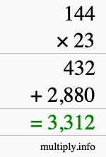 How to calculate 144 times 23 using long multiplication