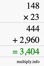 How to calculate 148 times 23 using long multiplication