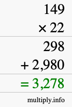 How to calculate 149 times 22 using long multiplication
