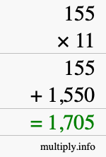 How to calculate 155 times 11 using long multiplication How to calculate 155 times 11 using long multiplication