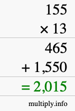 How to calculate 155 times 13 using long multiplication How to calculate 155 times 13 using long multiplication