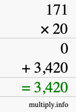 How to calculate 171 times 20 using long multiplication