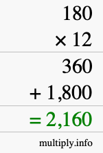 How to calculate 180 times 12 using long multiplication How to calculate 180 times 12 using long multiplication