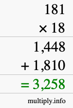 How to calculate 181 times 18 using long multiplication