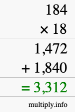How to calculate 184 times 18 using long multiplication