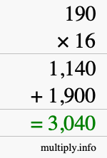 How to calculate 190 times 16 using long multiplication How to calculate 190 times 16 using long multiplication