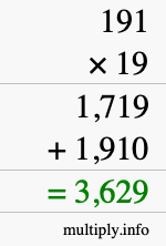 How to calculate 191 times 19 using long multiplication