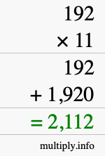 How to calculate 192 times 11 using long multiplication