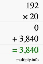 How to calculate 192 times 20 using long multiplication