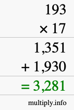 How to calculate 193 times 17 using long multiplication