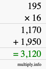 How to calculate 195 times 16 using long multiplication How to calculate 195 times 16 using long multiplication