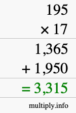 How to calculate 195 times 17 using long multiplication
