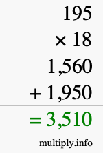 How to calculate 195 times 18 using long multiplication