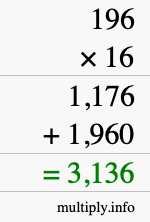 How to calculate 196 times 16 using long multiplication How to calculate 196 times 16 using long multiplication