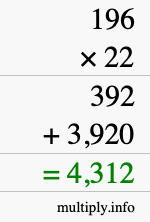 How to calculate 196 times 22 using long multiplication