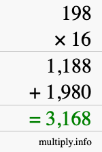 How to calculate 198 times 16 using long multiplication How to calculate 198 times 16 using long multiplication