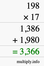 How to calculate 198 times 17 using long multiplication