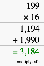 How to calculate 199 times 16 using long multiplication