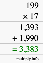 How to calculate 199 times 17 using long multiplication