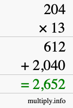 How to calculate 204 times 13 using long multiplication
