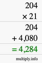 How to calculate 204 times 21 using long multiplication