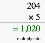 How to calculate 204 times 5 using long multiplication