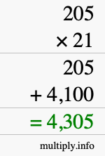 How to calculate 205 times 21 using long multiplication How to calculate 205 times 21 using long multiplication