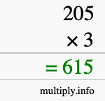 How to calculate 205 times 3 using long multiplication