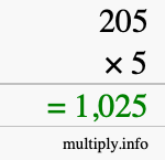 How to calculate 205 times 5 using long multiplication