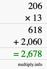 How to calculate 206 times 13 using long multiplication