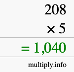 How to calculate 208 times 5 using long multiplication