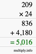 How to calculate 209 times 24 using long multiplication
