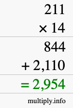 How to calculate 211 times 14 using long multiplication