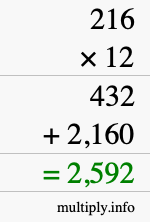 How to calculate 216 times 12 using long multiplication How to calculate 216 times 12 using long multiplication