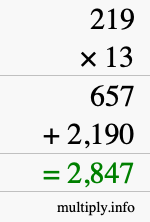 How to calculate 219 times 13 using long multiplication