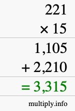 How to calculate 221 times 15 using long multiplication