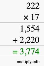 How to calculate 222 times 17 using long multiplication