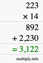 How to calculate 223 times 14 using long multiplication How to calculate 223 times 14 using long multiplication