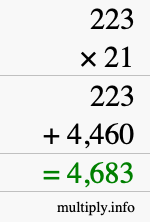 How to calculate 223 times 21 using long multiplication