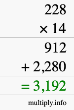 How to calculate 228 times 14 using long multiplication How to calculate 228 times 14 using long multiplication