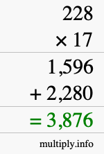 How to calculate 228 times 17 using long multiplication