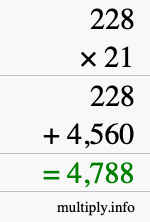 How to calculate 228 times 21 using long multiplication