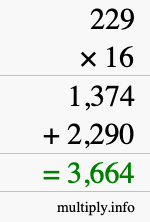 How to calculate 229 times 16 using long multiplication