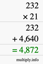 How to calculate 232 times 21 using long multiplication