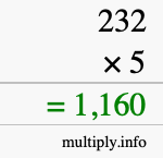 How to calculate 232 times 5 using long multiplication How to calculate 232 times 5 using long multiplication