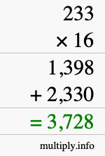 How to calculate 233 times 16 using long multiplication