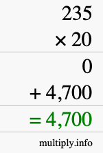 How to calculate 235 times 20 using long multiplication How to calculate 235 times 20 using long multiplication